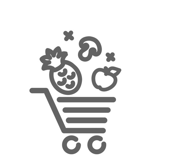 Icon of fruit and vegetables entering shopping cart.